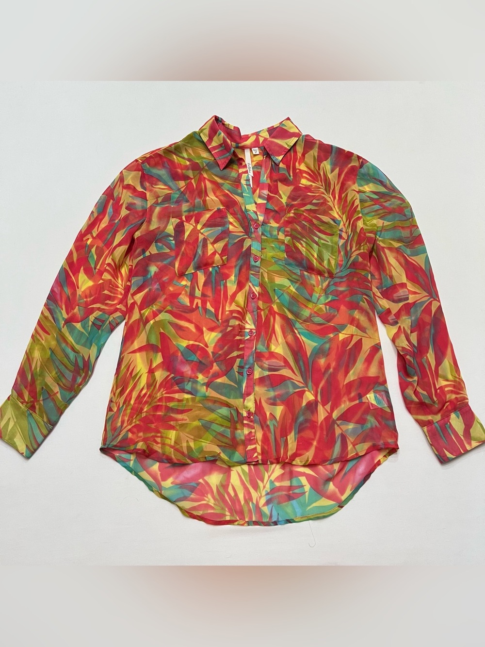 Bellatrix Sheer Long Sleeve Button Front Blouse Sz Small Tropical Summer
